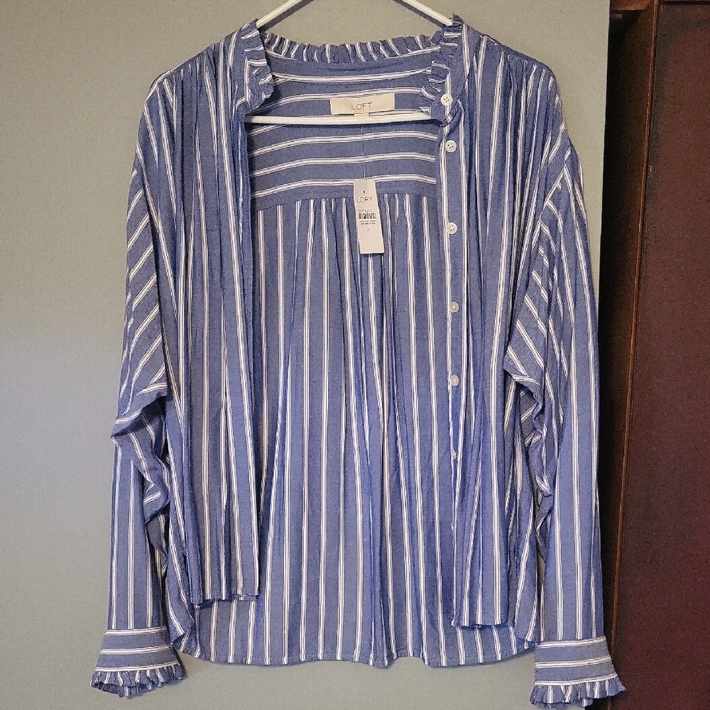 LOFT Navy and White Striped Blouse